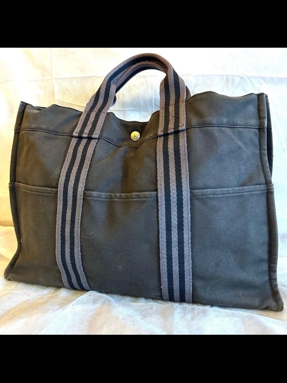 Hermes Black Canvas Tote with Striped Webbing Handles